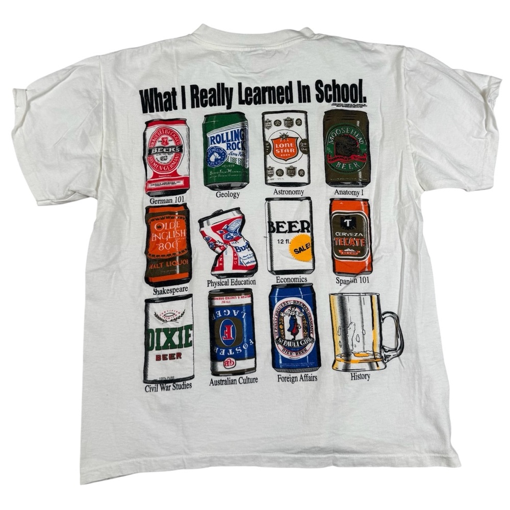 SOLD***Vintage 90s What I Learned In School Beer T-Shirt White Funny Jokes